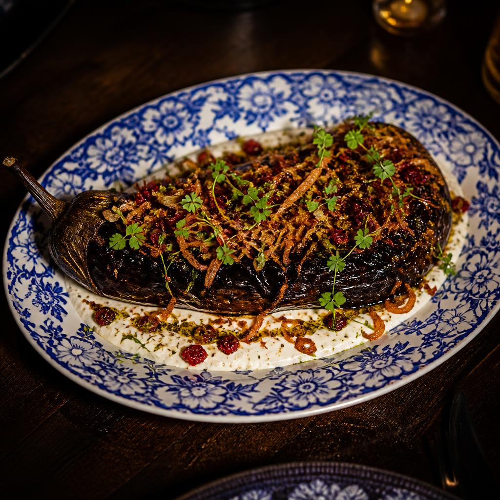 Whole roast aubergine